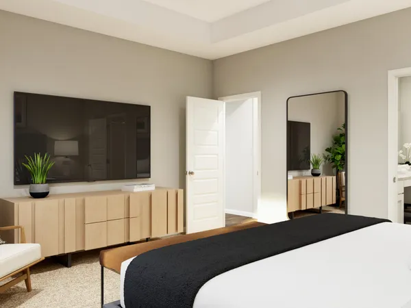 a bedroom with a bed and a shower