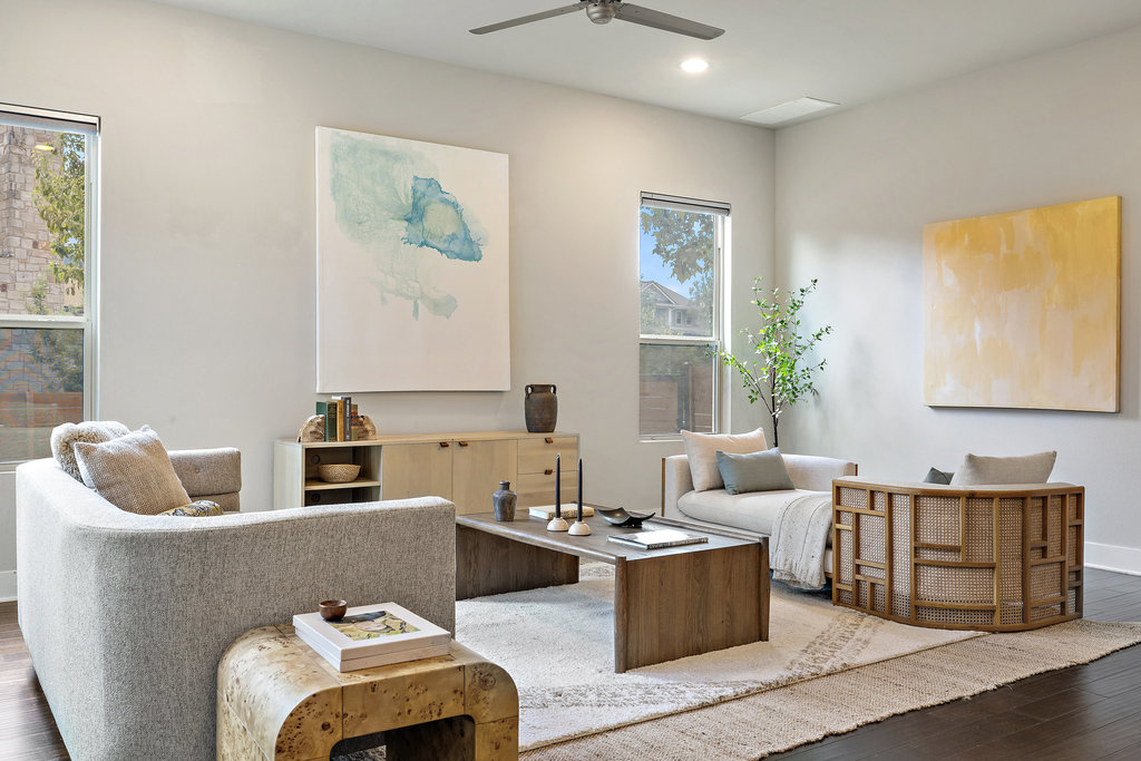 Living room featuring wood-type flooring, recessed lighting, and ceiling fan