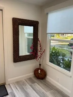 a living room with furniture a rug and a window