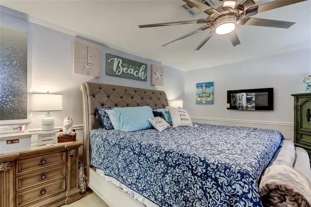 a bedroom with a large bed and a flat screen tv