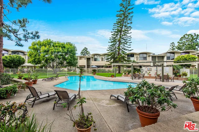 a view of a swimming pool with chairs and plants