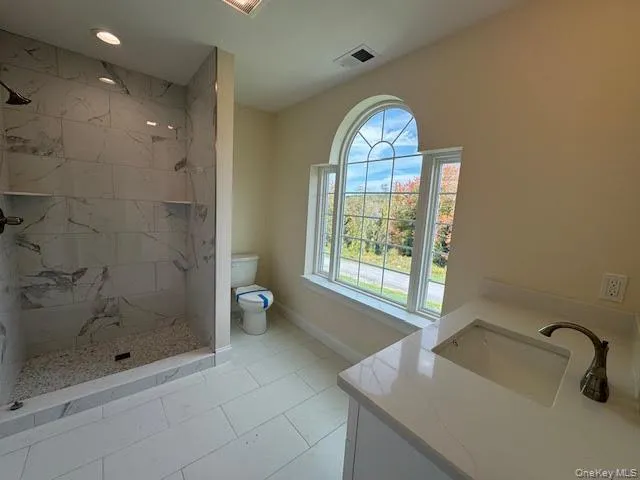 a bathroom with a granite countertop sink a toilet and shower