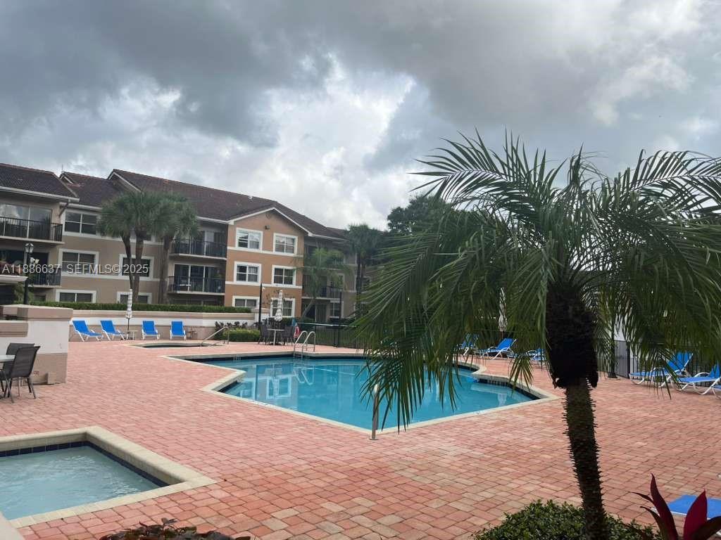 8801 Wiles Road, Unit 306 Coral Springs, FL 33067 - Photo 14 of 20 a view of a swimming pool with a lounge chair and palm trees