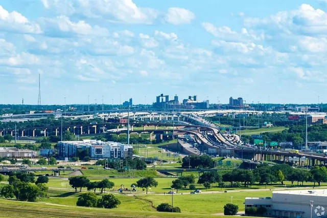 a city view with tall buildings