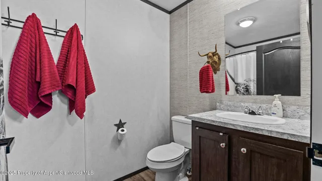 a bathroom with a sink vanity mirror and toilet