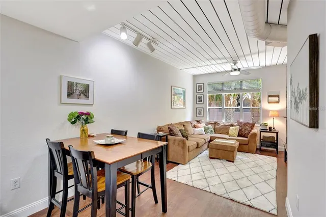 a view of a dining room with furniture