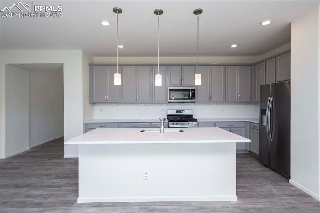210 Felicity Loop Castle Rock, CO 80109 - Photo 6 of 27 a view of a kitchen with kitchen island a sink stainless steel appliances and cabinets