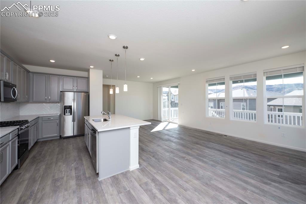 210 Felicity Loop Castle Rock, CO 80109 - Photo 7 of 27 a large kitchen with stainless steel appliances a large counter top a sink a refrigerator and a stove