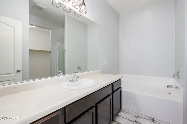 a bathroom with a sink a bathtub and a mirror