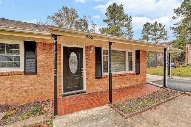 a view of a backyard with large trees