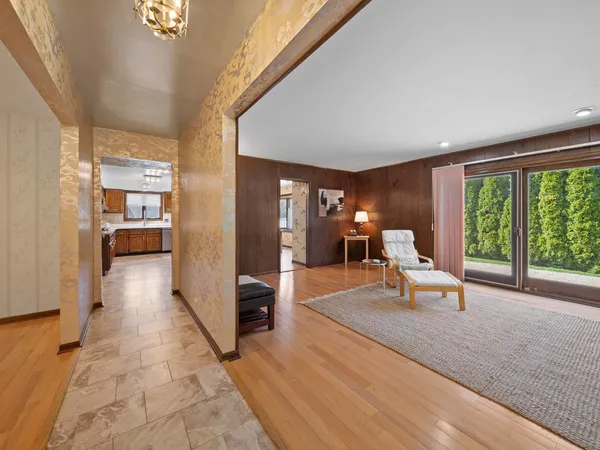a view of a living room and furniture