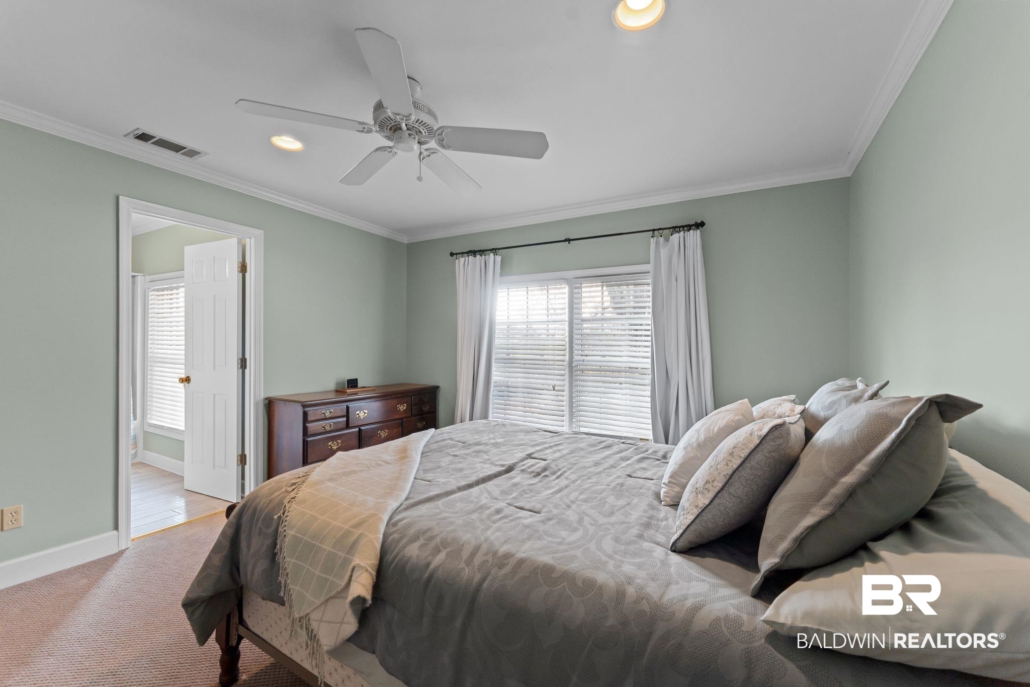 525 Norwood Road Monroeville, AL 36460 - Photo 32 of 55 Carpeted bedroom with ornamental molding, a ceiling fan, recessed lighting, and connected bathroom