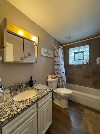 a bathroom with a granite countertop toilet sink and mirror
