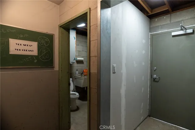 a bathroom with a shower and a toilet