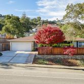 a front view of a house with a yard and a garage