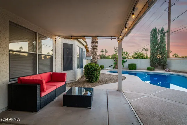 a building outdoor space with patio furniture