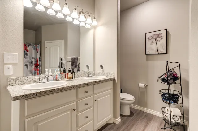 a bathroom with a toilet a sink and a mirror