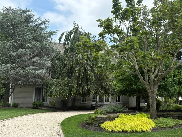 a front view of a house with a yard and trees