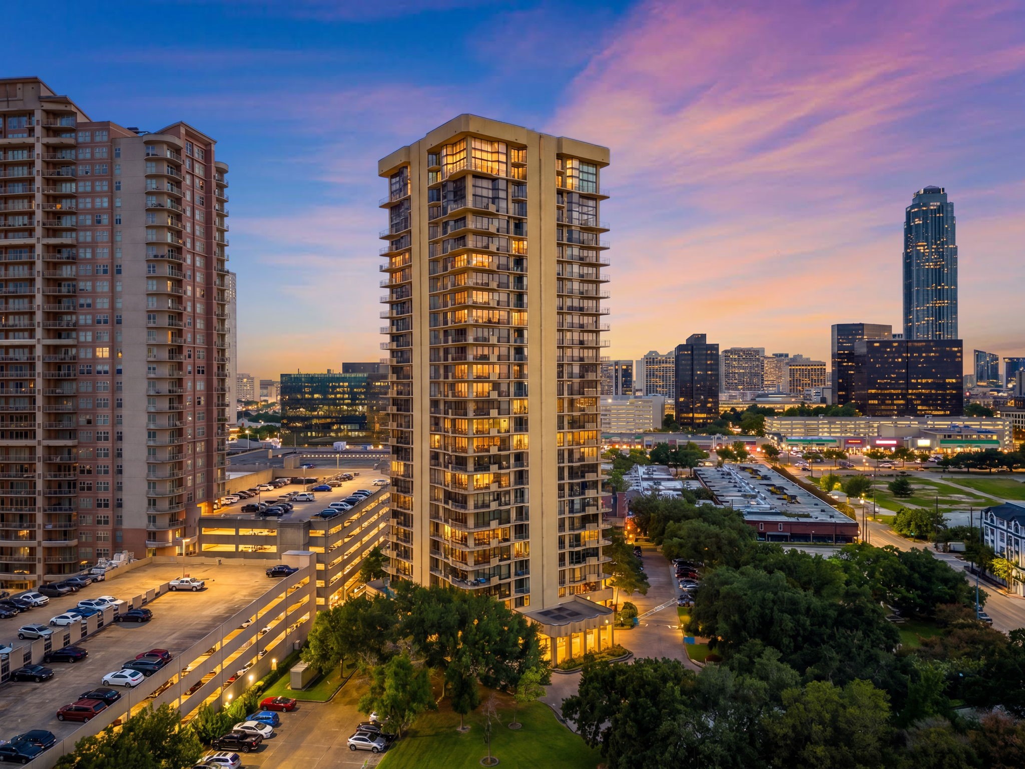 3350 McCue Road, Unit 2402 Houston, TX 77056 - Photo 6 of 49 Soaring above the Uptown skyline, the prominent high-rise tower offers an elevated lock-and-leave lifestyle in the vibrant Galleria district. Upscale building amenities, assigned parking, and quick connections to Loop 610 and I-69 ensure sophisticated urban living at its finest.