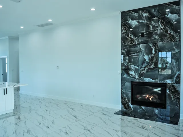 a room with a fireplace
