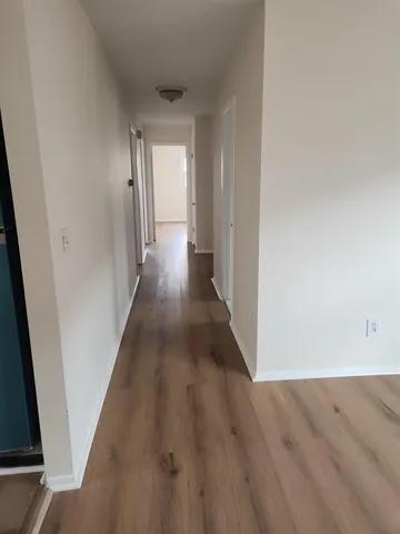 a view of a hallway with wooden floor