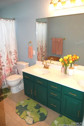 a bathroom with a sink toilet and mirror