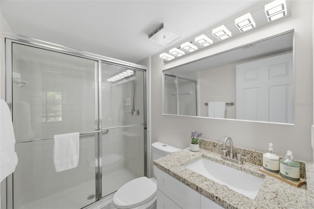 1135 Pine Ridge Circle West, Unit A2 Tarpon Springs, FL 34688 - Photo 29 of 63 a bathroom with a granite countertop sink mirror vanity and toilet