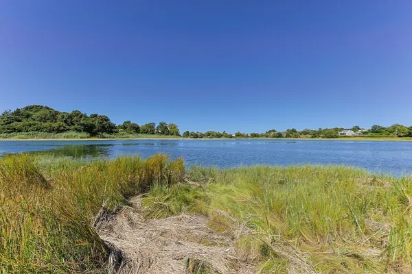 a view of a lake with houses in the back