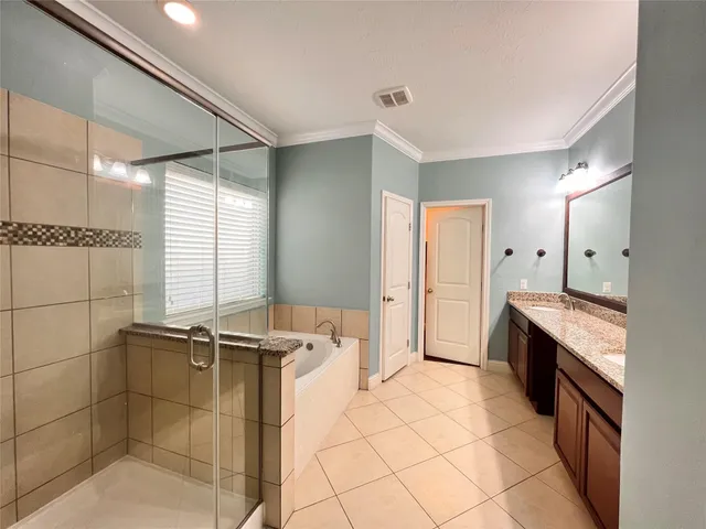 a large bathroom with a granite countertop sink a large mirror and a shower