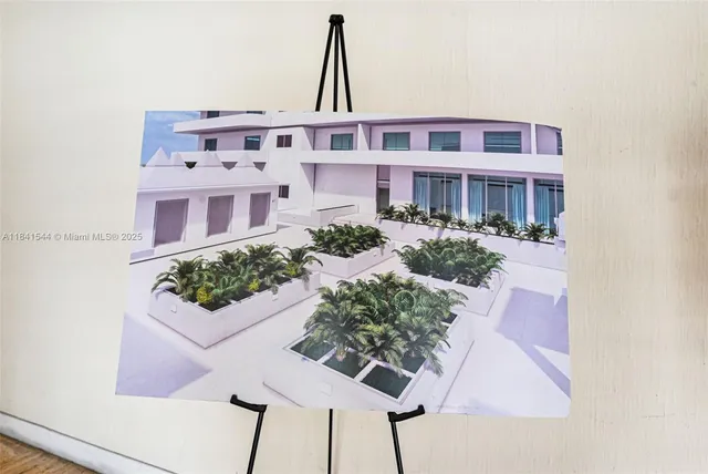 a view of a yard with potted plants and large tree