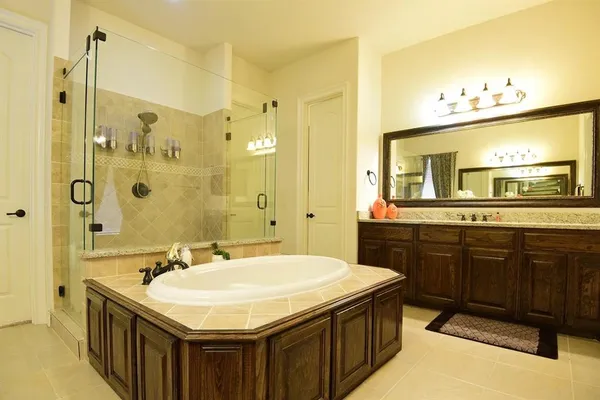 a bathroom with a sink a mirror a bathtub and shower