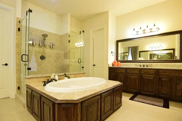 a bathroom with a sink a mirror a bathtub and shower