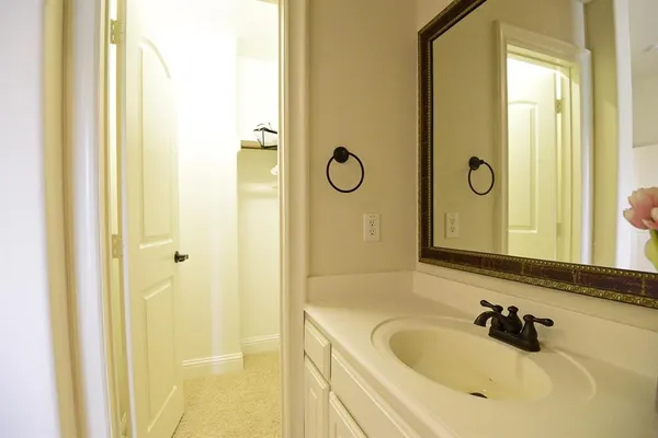 a bathroom with a tub sink and mirror