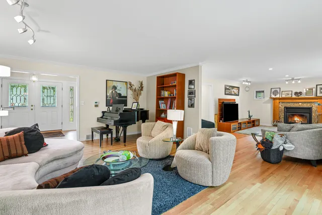 a living room with furniture and a fireplace