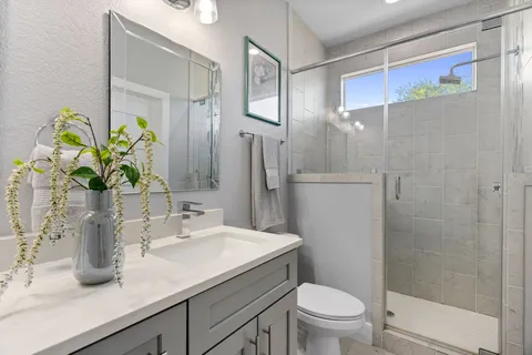 a bathroom with a granite countertop sink a toilet and shower
