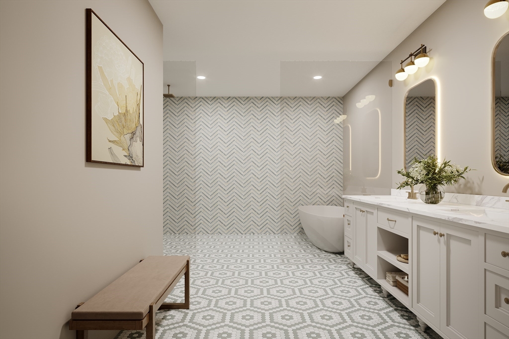 323 Commonwealth Avenue, Unit 1 Boston, MA 02115 - Photo 6 of 6 a bathroom with a double vanity sink toilet and a mirror