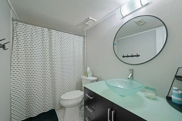 a bathroom with a sink a toilet and mirror