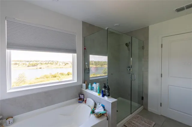 a bathroom with a window bathtub and shower