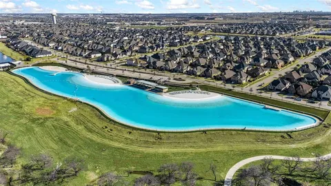 an aerial view of a pool
