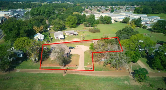 a view of a park with large trees