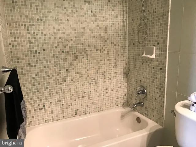 a bathroom with a bathtub and a toilet