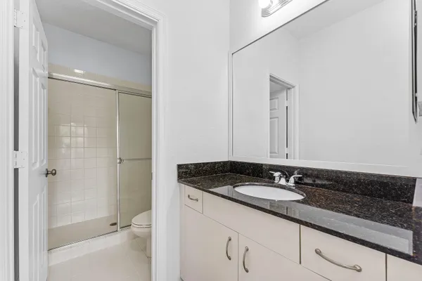 a bathroom with a shower and a toilet