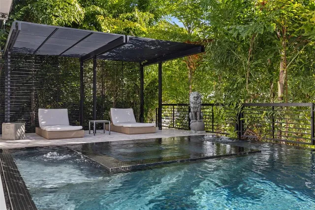a view of backyard with plants and outdoor seating