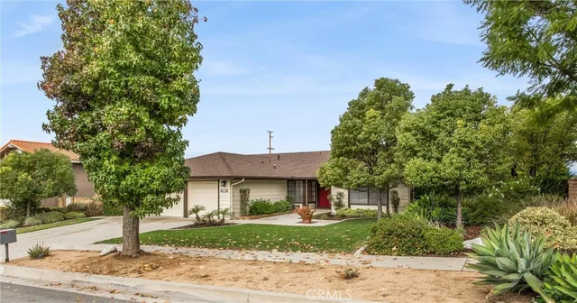 a view of a big house with a tree and plants