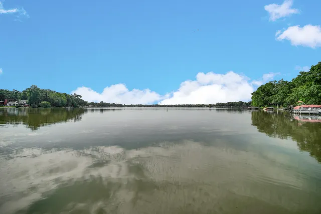 an aerial view of a residential houses with outdoor space and trees