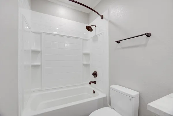a bathroom with a shower and a toilet