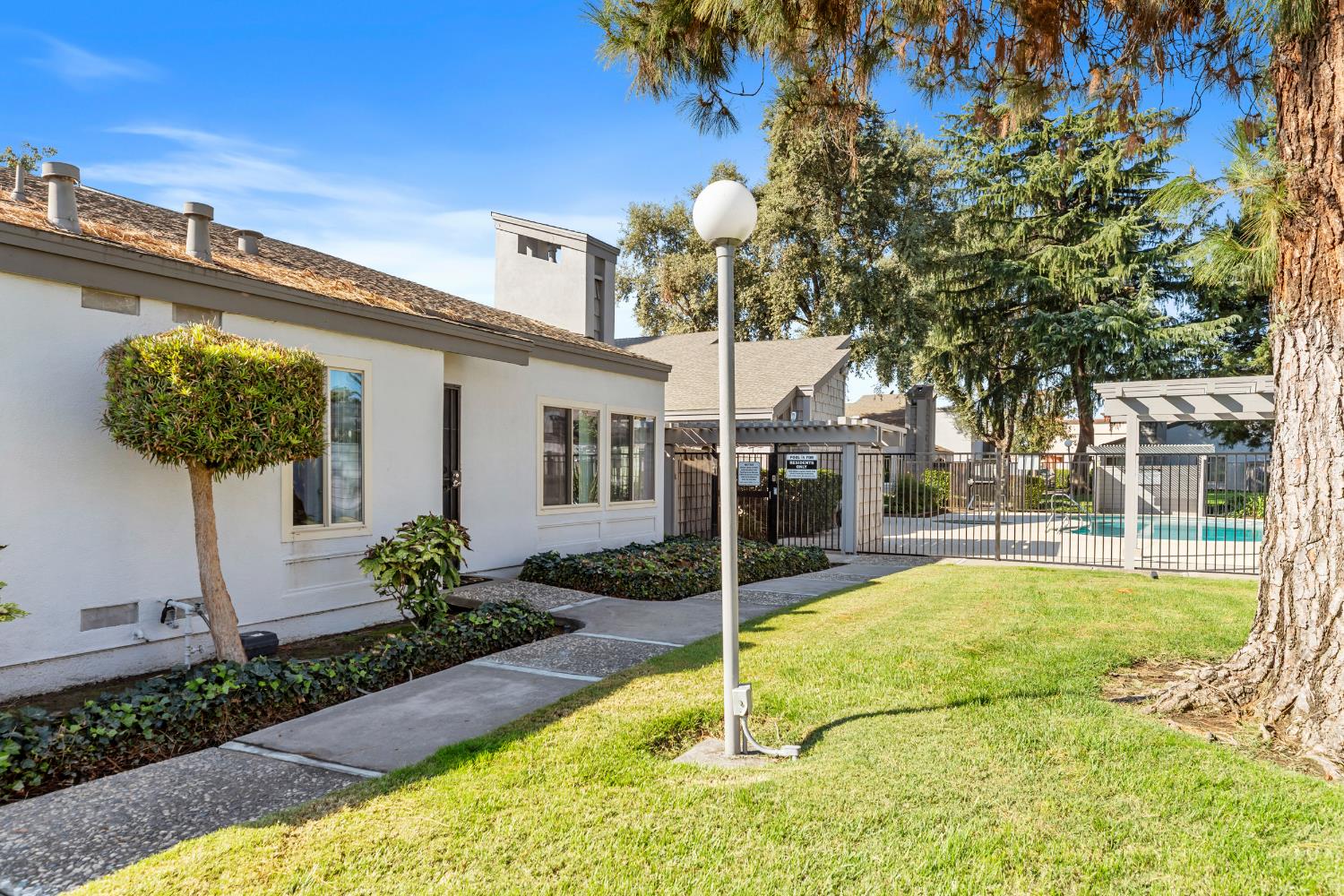 1313 Floyd Avenue, Unit 179 Modesto, CA 95355 - Photo 2 of 28 a swimming pool with some potted plants and large tree