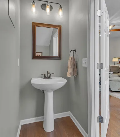 a view of a hallway with windows