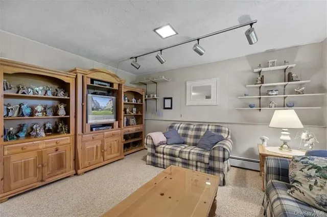 a living room with furniture cabinets and window