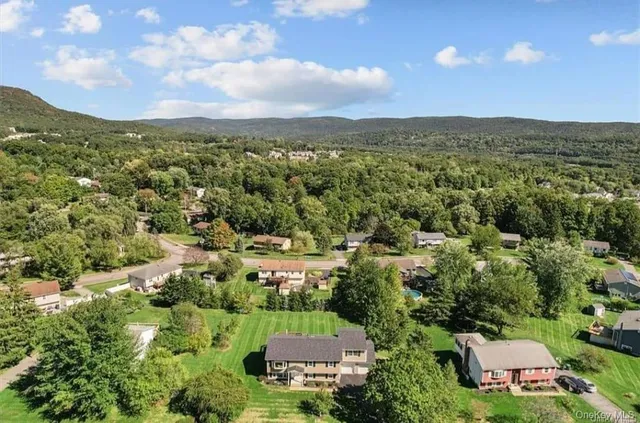 an aerial view of residential houses with outdoor space and trees